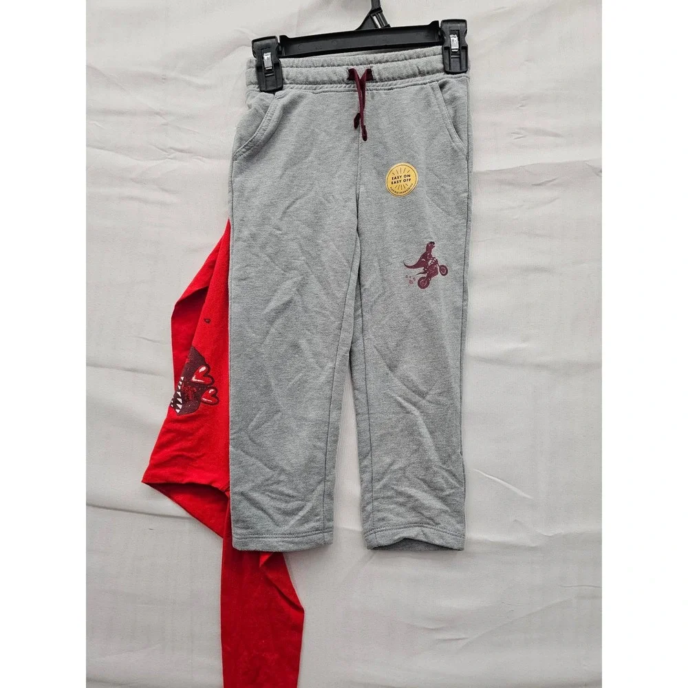 Cat & Jack Boys 2pc Outfit Set Red Dinosaur Motorcycle Shirt Gray Joggers 3T NEW